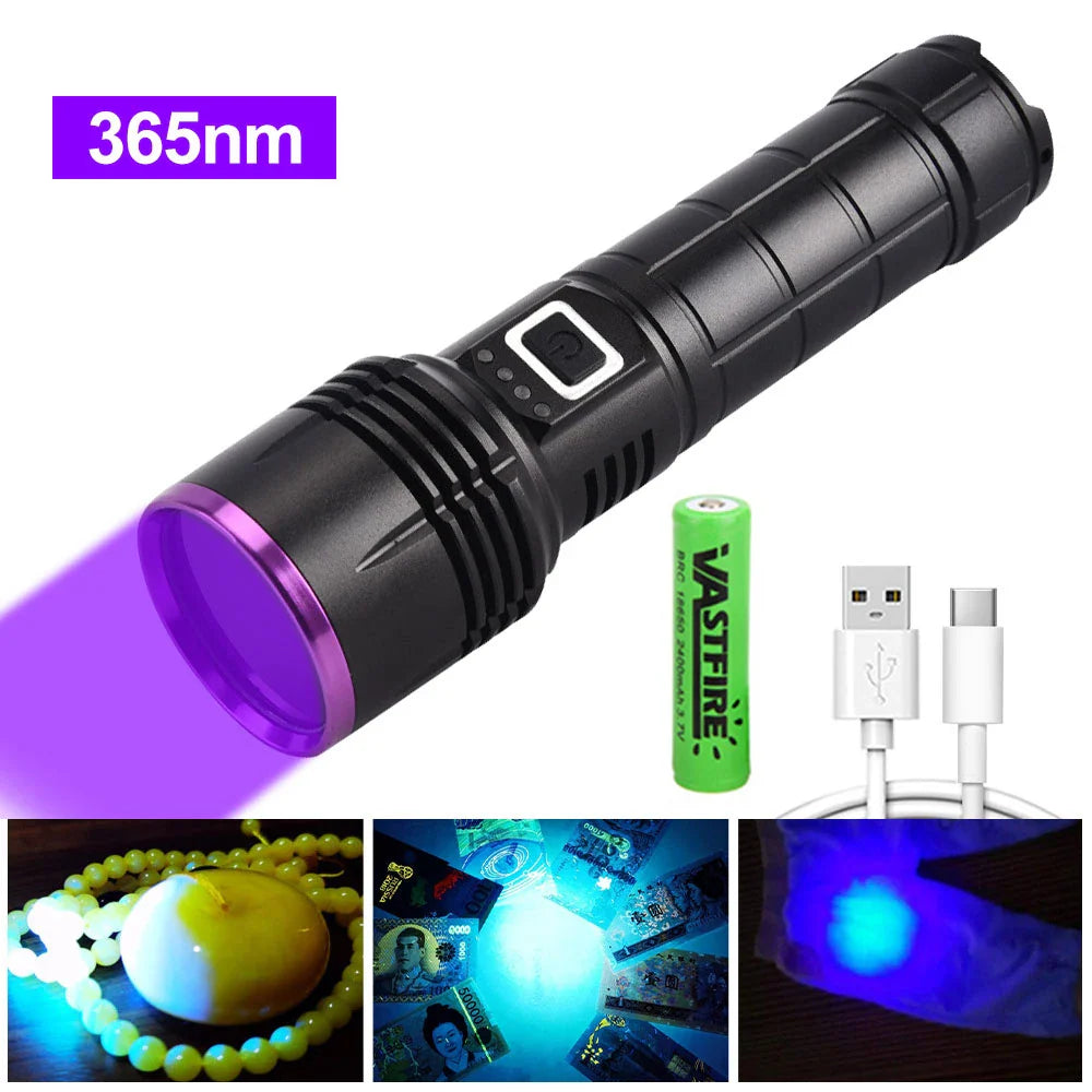 365nm UV Flashlight USB Rechargeable 26650 Battery Waterproof Purple Light Pet Urine & Stain Detector