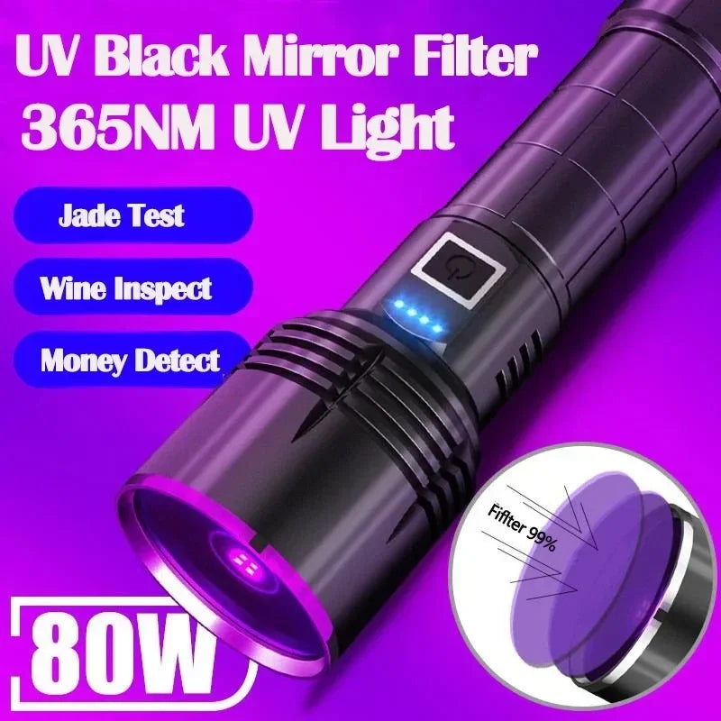 365nm UV Flashlight USB Rechargeable 26650 Battery Waterproof Purple Light Pet Urine & Stain Detector