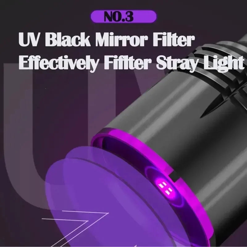 365nm UV Flashlight USB Rechargeable 26650 Battery Waterproof Purple Light Pet Urine & Stain Detector