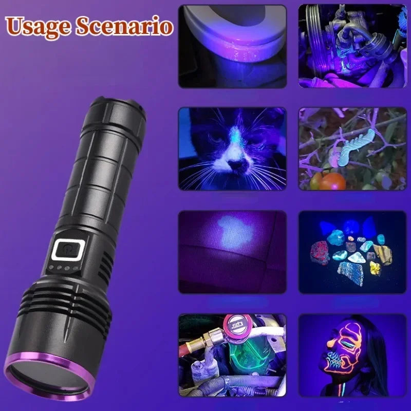 365nm UV Flashlight USB Rechargeable 26650 Battery Waterproof Purple Light Pet Urine & Stain Detector