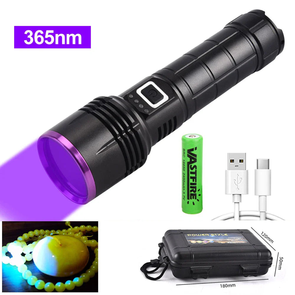 365nm UV Flashlight USB Rechargeable 26650 Battery Waterproof Purple Light Pet Urine & Stain Detector