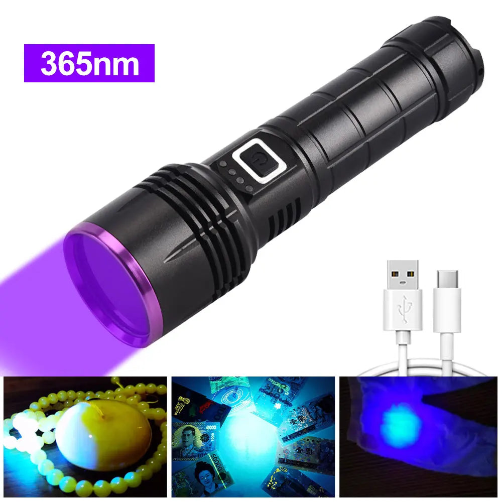 365nm UV Flashlight USB Rechargeable 26650 Battery Waterproof Purple Light Pet Urine & Stain Detector